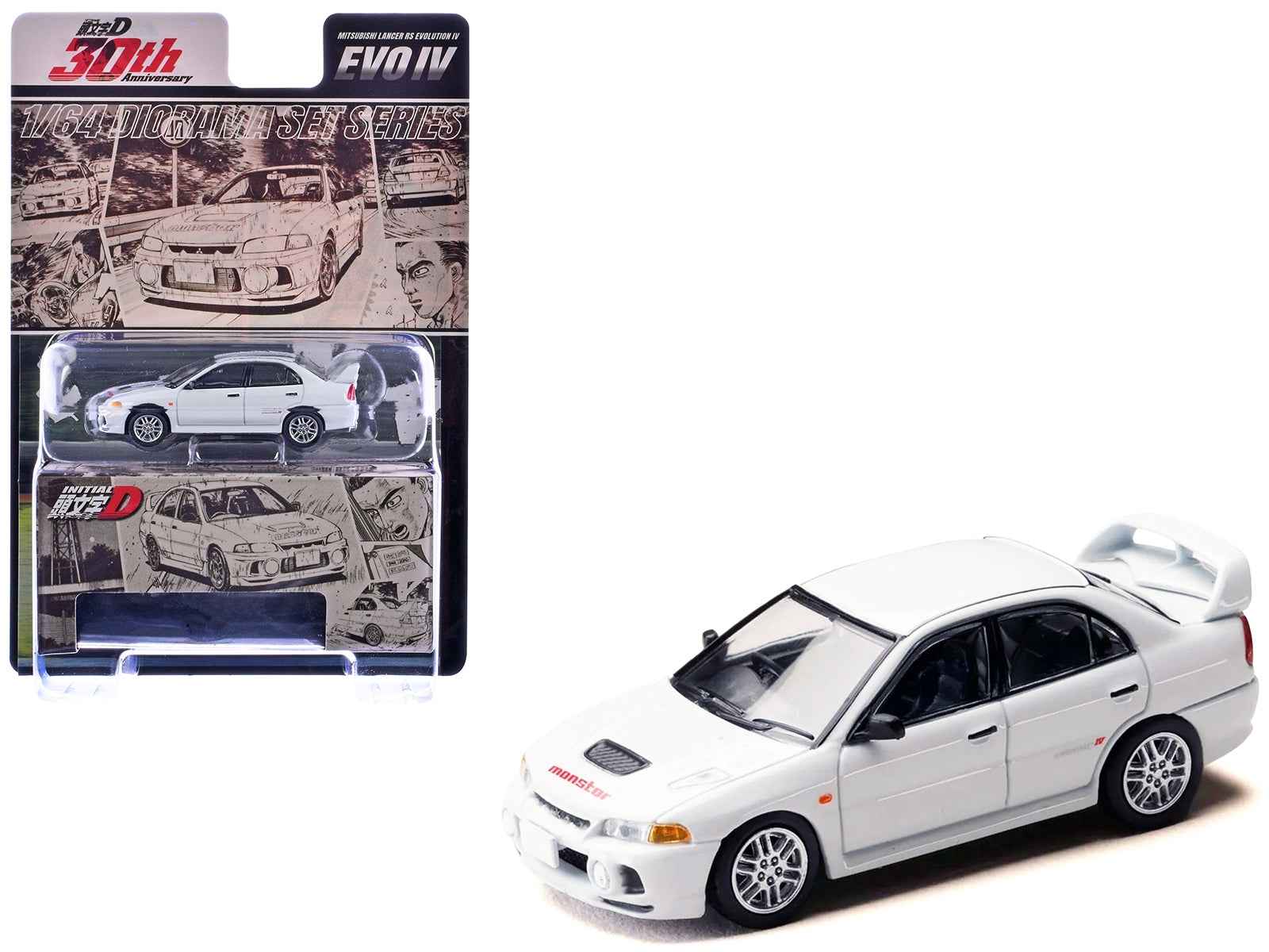 Mitsubishi Lancer RS Evolution IV RHD (Right Hand Drive) "MonStar" White "Initial D" (1995-2013) Manga "Diorama Set Series" 1/64 Diecast Model car by Hobby Japan Cartsfy Inc.