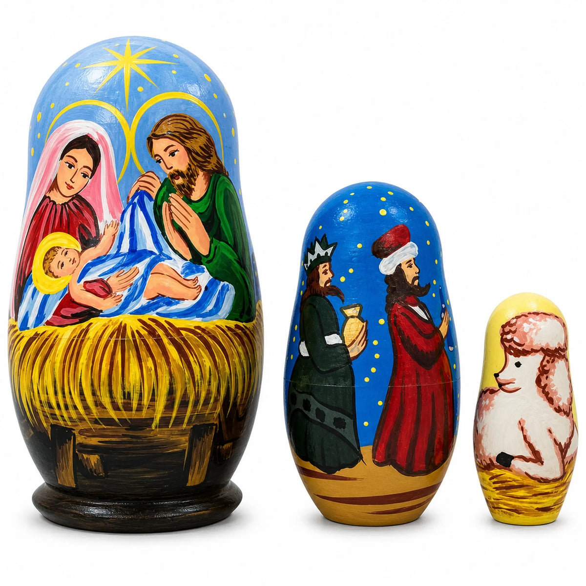 Set of 3 Wooden Nativity Nesting Dolls Religious Christmas Figurines
