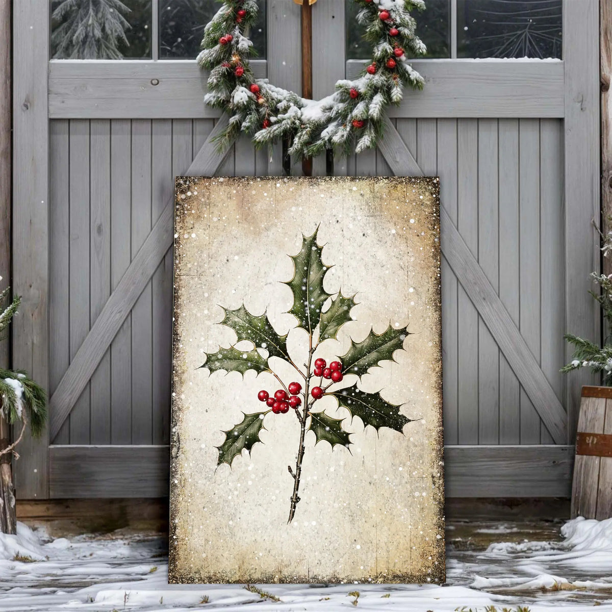 Vertical holly leaf canvas wall art with green leaves and red berries on beige speckled background