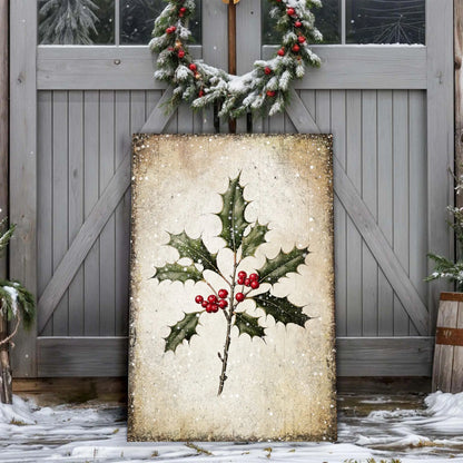 Vertical holly leaf canvas wall art with green leaves and red berries on beige speckled background