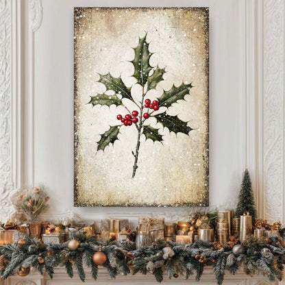 Holly leaf wall art with red berries on beige speckled background, vertical canvas print