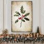 Holly leaf wall art with red berries on beige speckled background, vertical canvas print