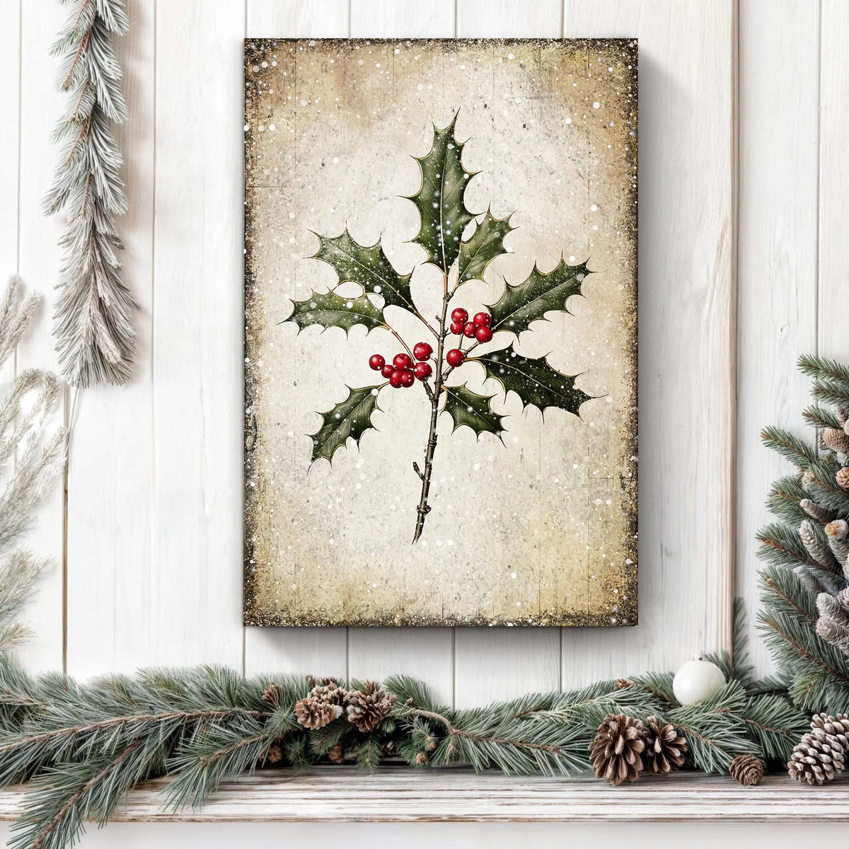 Holly leaf wall art with red berries on beige speckled vertical canvas print