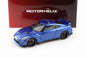 Blue die-cast sports car model, front three-quarter view with black wheels