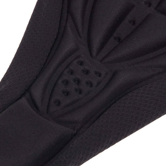 Cycling seat gel pad close-up of textured 3D cushion and fabric, black