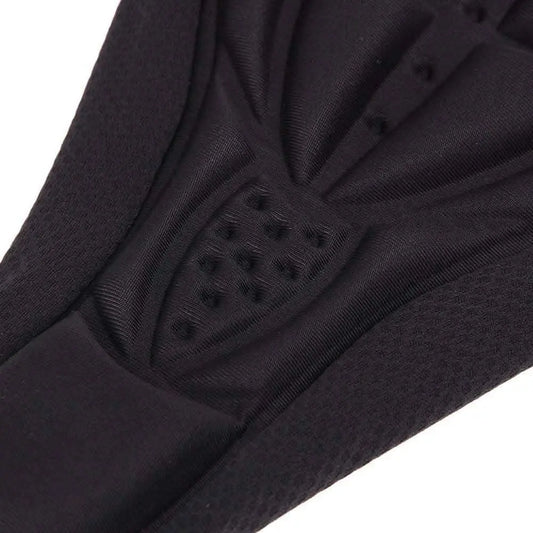 Cycling seat gel pad close-up of textured 3D cushion and fabric, black