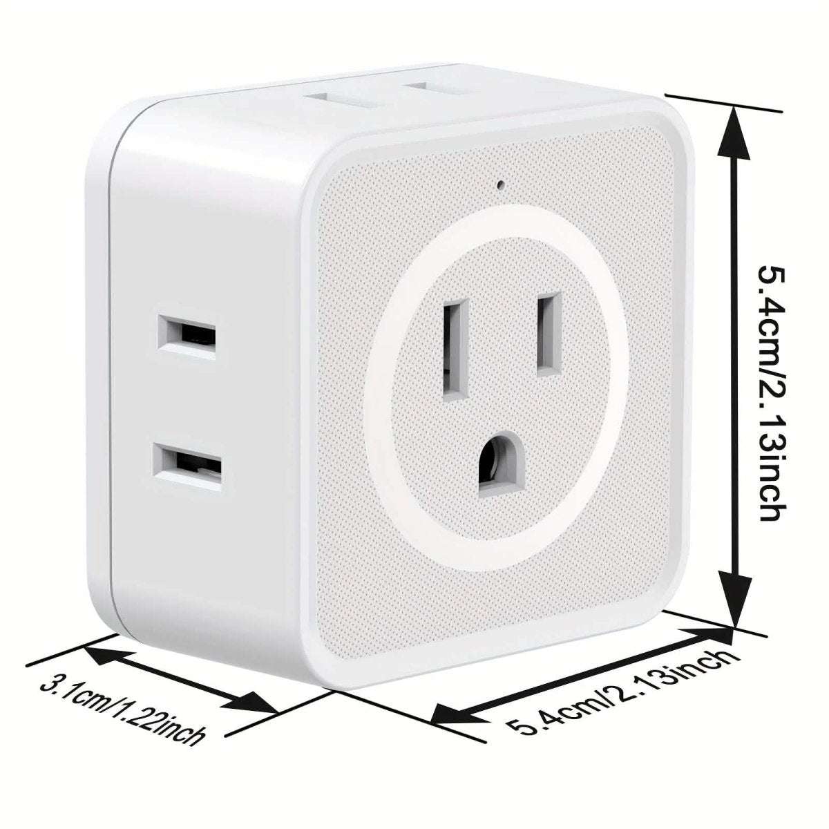 Compact plug extender with a three-prong power socket and two-pin outlets, white.