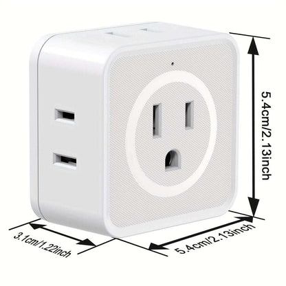 Compact plug extender with a three-prong power socket and two-pin outlets, white.