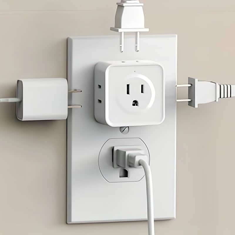 Wall-mounted socket adapter extension with two outlets and power socket, white.