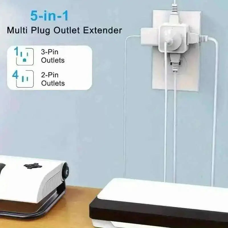 Compact 5-in-1 outlet extender with three-pin and two-pin outlets, white.