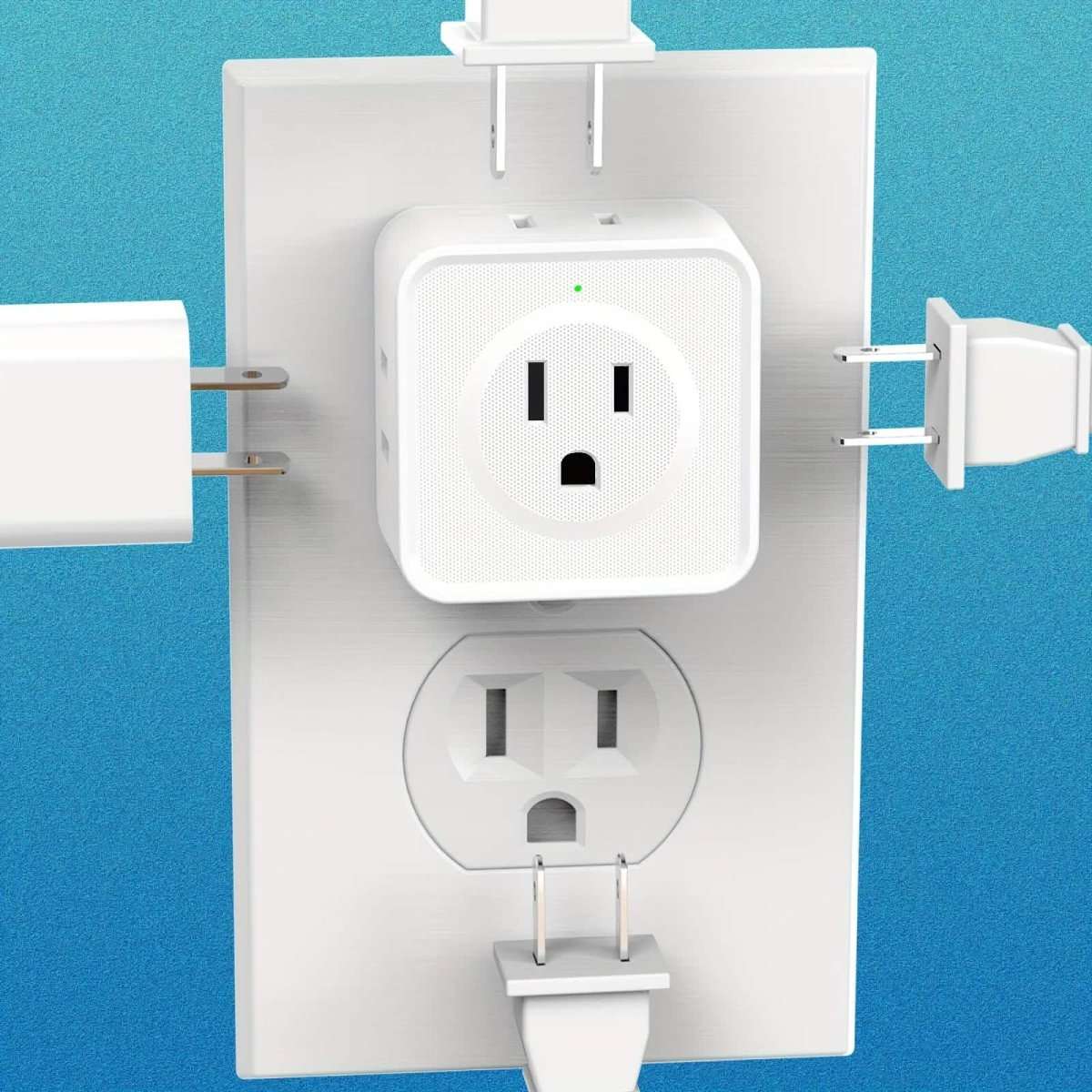 Five-way wall socket adapter with two outlets and a power socket, white.