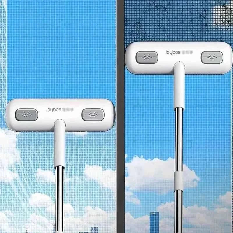 Dual-size window cleaning brush set with white heads and metal extension poles