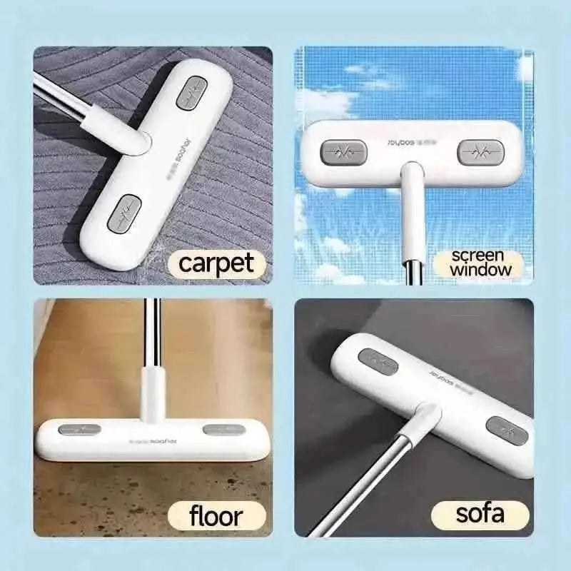 Multi-purpose cleaning brush with white base, gray bristle pad, and metal pole