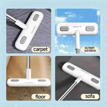 Multi-purpose cleaning brush with white base, gray bristle pad, and metal pole