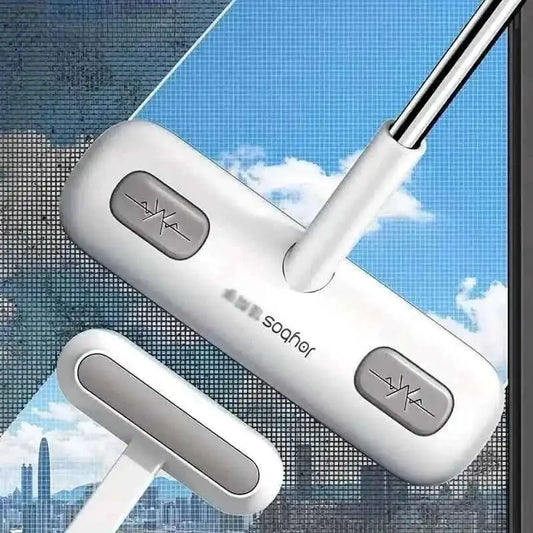 Window cleaning brush head with white housing, gray pad, and metal extension pole
