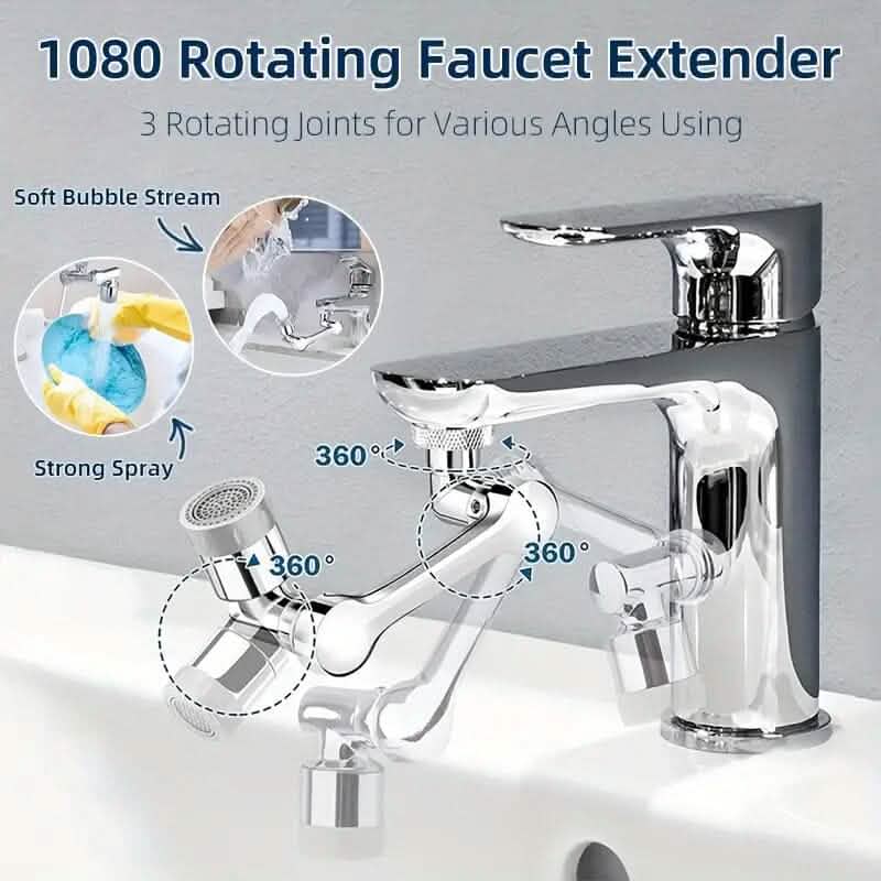 Rotating bathroom sink faucet extender, chrome finish with angled spray nozzle