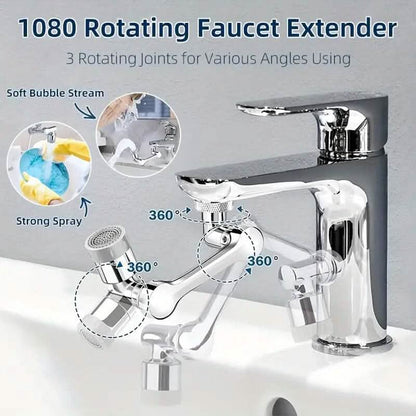 Rotating bathroom sink faucet extender, chrome finish with angled spray nozzle