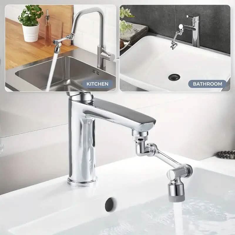 Chrome sink faucet extender mounted at the spout with angled rotating outlet