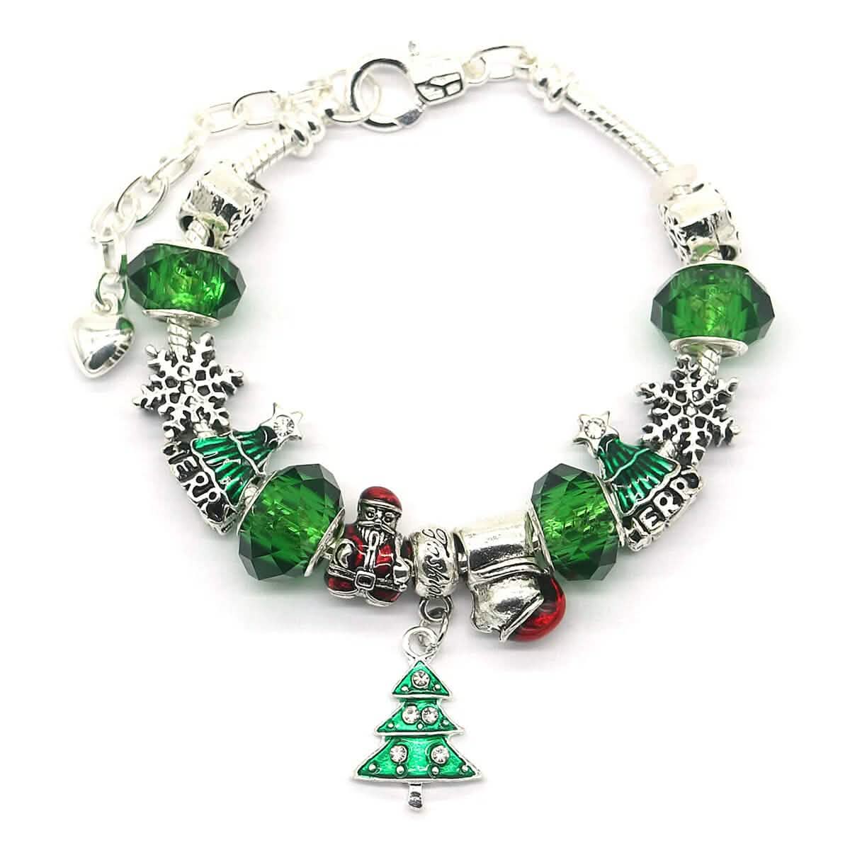 Green crystal Christmas charm bracelet with silver-tone links and tree charm