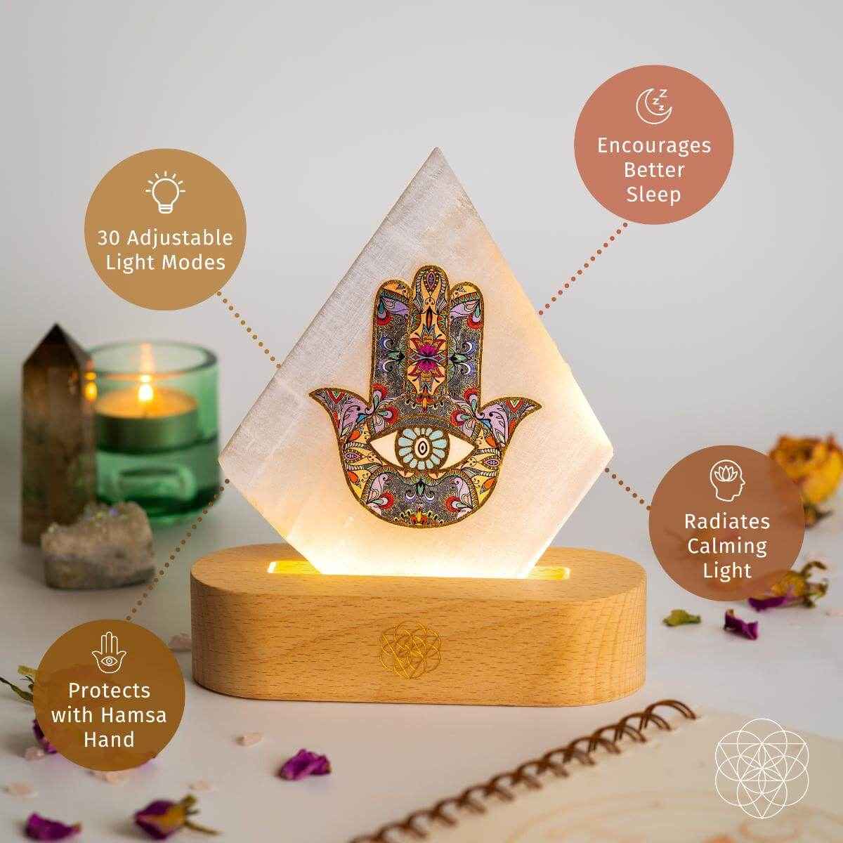 Hamsa-pattern triangular mood lamp with warm glow on wooden base