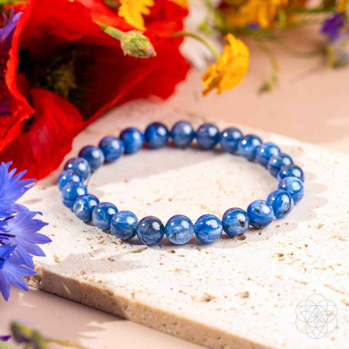Blue kyanite bead bracelet with round polished stones in a loop