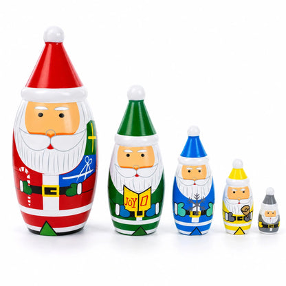 Set of 5 Multicolor Santa with Christmas Gifts Wooden Nesting Dolls 5.5 Inches