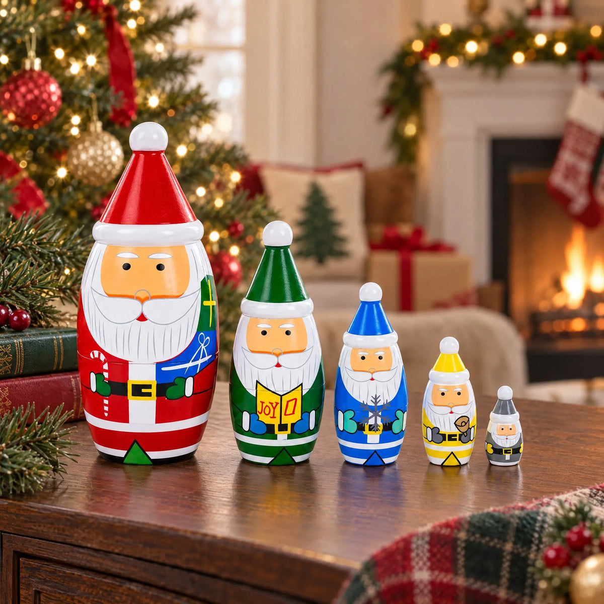 Set of 5 Multicolor Santa with Christmas Gifts Wooden Nesting Dolls 5.5 Inches