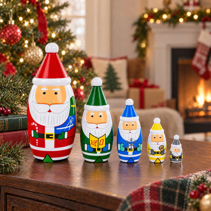 Set of 5 Multicolor Santa with Christmas Gifts Wooden Nesting Dolls 5.5 Inches