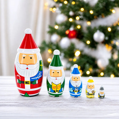 Set of 5 Multicolor Santa with Christmas Gifts Wooden Nesting Dolls 5.5 Inches