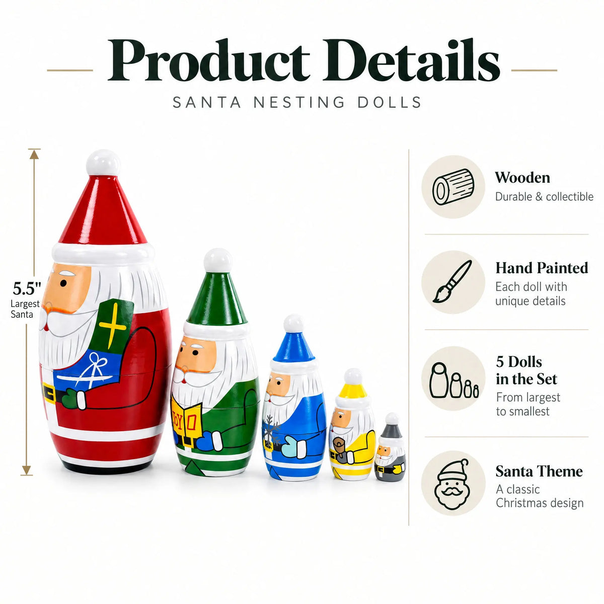 Set of 5 Multicolor Santa with Christmas Gifts Wooden Nesting Dolls 5.5 Inches