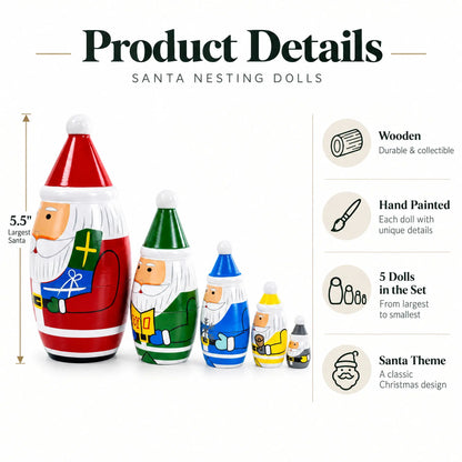 Set of 5 Multicolor Santa with Christmas Gifts Wooden Nesting Dolls 5.5 Inches