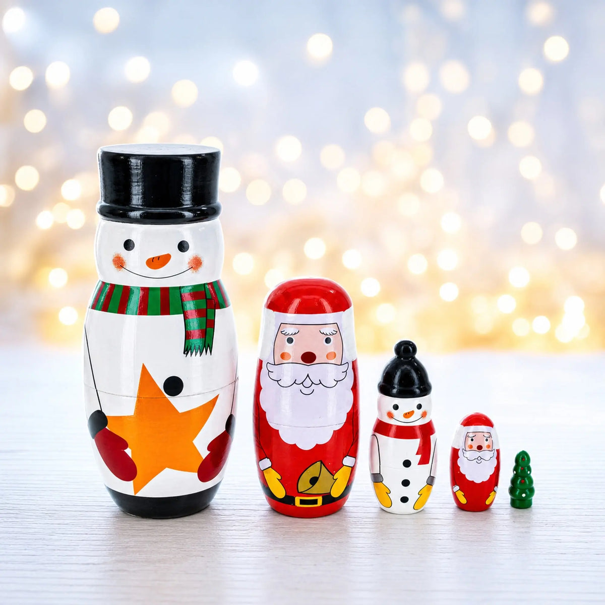 Santa, Snowman & Christmas Tree Wooden Nesting Dolls 5 Inches