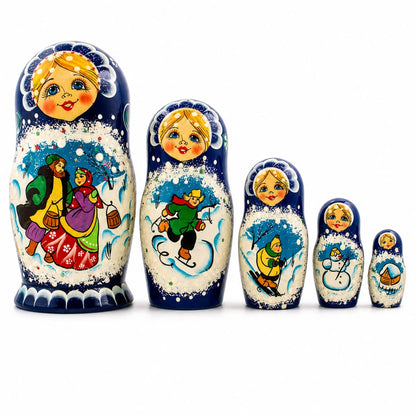 Set of 5 Family Christmas Celebration Wooden Nesting Dolls 6.5 Inches