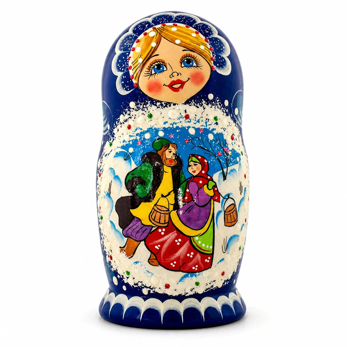 Set of 5 Family Christmas Celebration Wooden Nesting Dolls 6.5 Inches