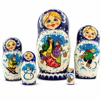 Set of 5 Family Christmas Celebration Wooden Nesting Dolls 6.5 Inches