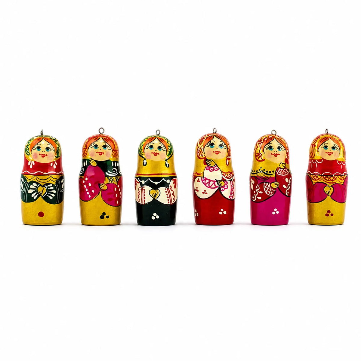 Set of 6 Wooden Nesting Doll Ornaments - 2.15" Christmas Matryoshka