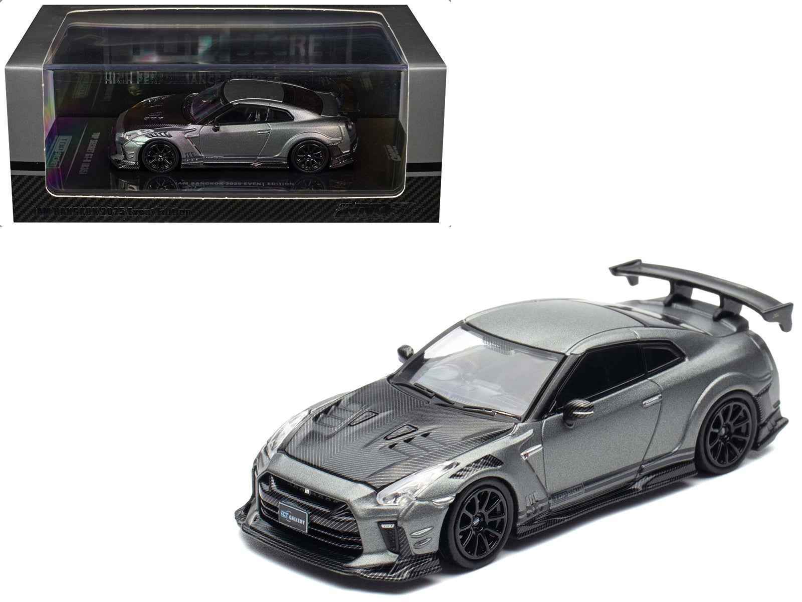 Nissan GT-R (R35) "Top Secret" RHD (Right Hand Drive) Gray Metallic with Carbon Hood "IAM Bangkok 2025 Event Edition" 1/64 Diecast Model Car by Inno Models Cartsfy Inc.