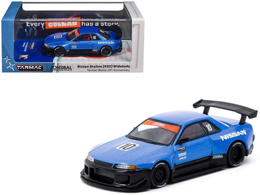 Nissan Skyline (R32) Widebody RHD (Right Hand Drive) #10 "Tarmac Works 10th Anniversary" Blue Metallic "Global64" 1/64 Diecast Model Car by Tarmac Works Cartsfy Inc.