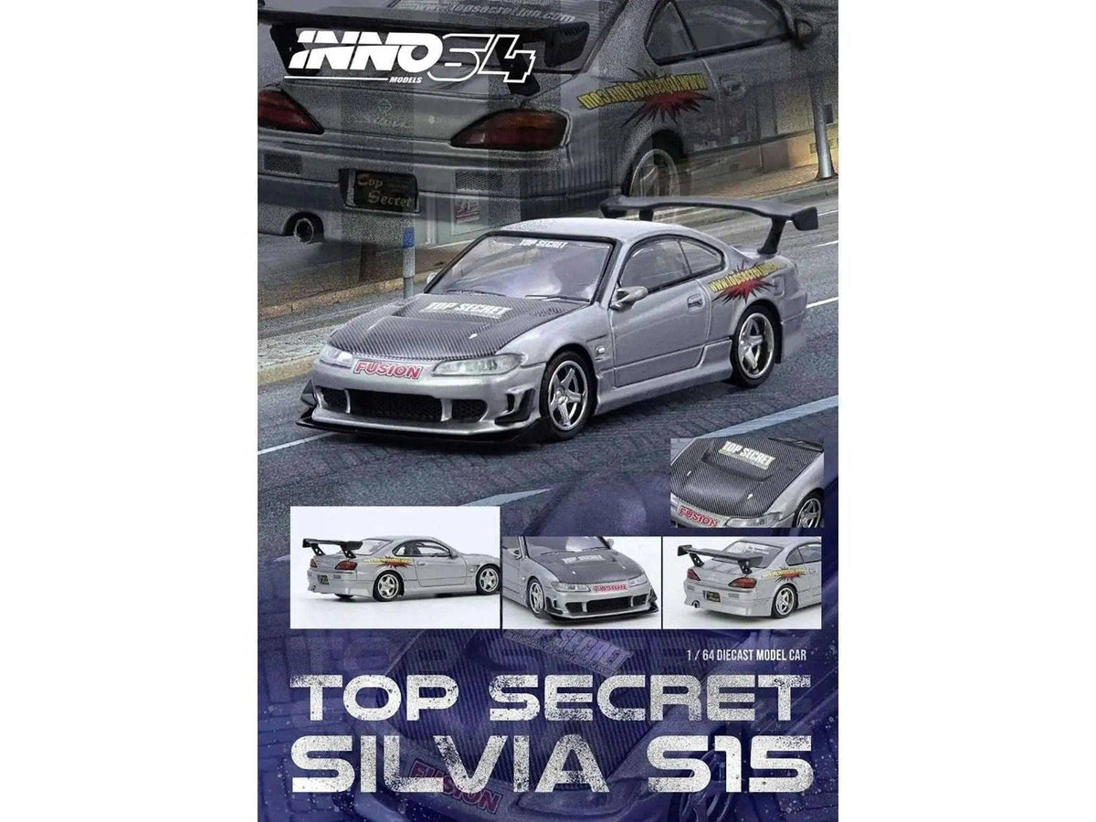 Nissan "Top Secret" Silvia (S15) RHD (Right Hand Drive) Silver Metallic with Carbon Hood 1/64 Diecast Model Car by Inno Models Miniature Motors Default Title Default Title-