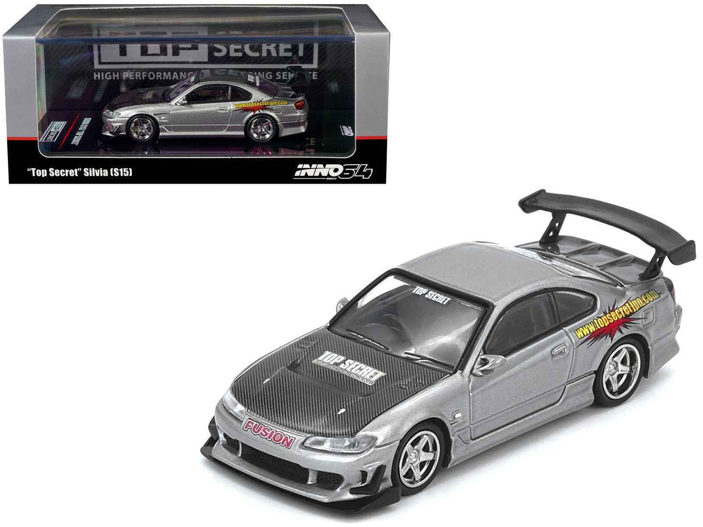 Nissan "Top Secret" Silvia (S15) RHD (Right Hand Drive) Silver Metallic with Carbon Hood 1/64 Diecast Model Car by Inno Models Cartsfy Inc.