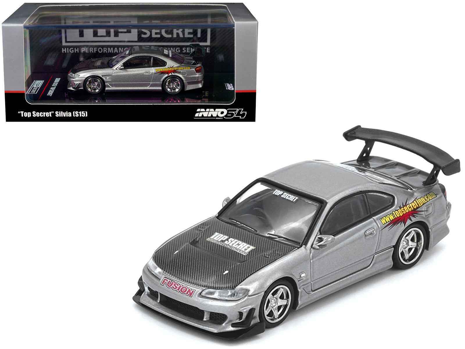 Nissan "Top Secret" Silvia (S15) RHD (Right Hand Drive) Silver Metallic with Carbon Hood 1/64 Diecast Model Car by Inno Models Cartsfy Inc.