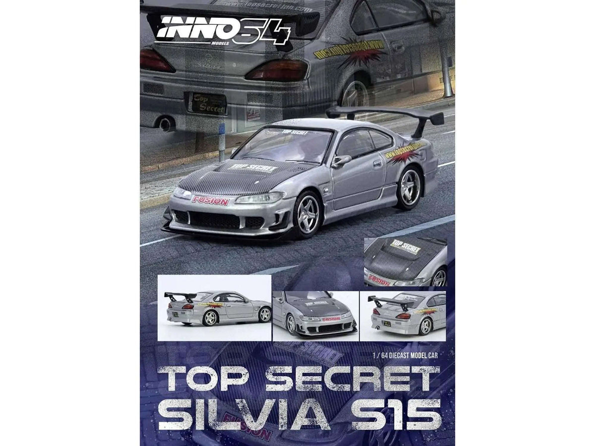 Nissan "Top Secret" Silvia (S15) RHD (Right Hand Drive) Silver Metallic with Carbon Hood 1/64 Diecast Model Car by Inno Models Cartsfy Inc.