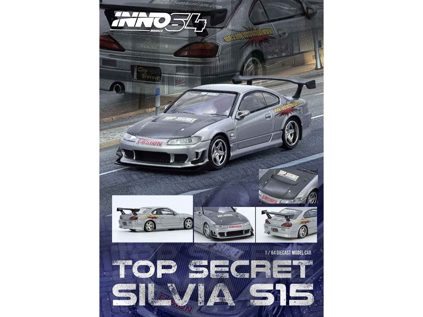 Nissan "Top Secret" Silvia (S15) RHD (Right Hand Drive) Silver Metallic with Carbon Hood 1/64 Diecast Model Car by Inno Models Cartsfy Inc.
