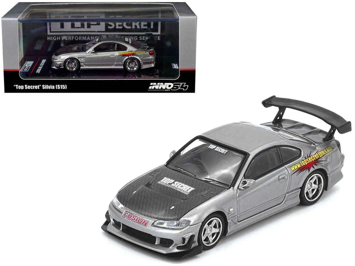Nissan "Top Secret" Silvia (S15) RHD (Right Hand Drive) Silver Metallic with Carbon Hood 1/64 Diecast Model Car by Inno Models Cartsfy Inc.
