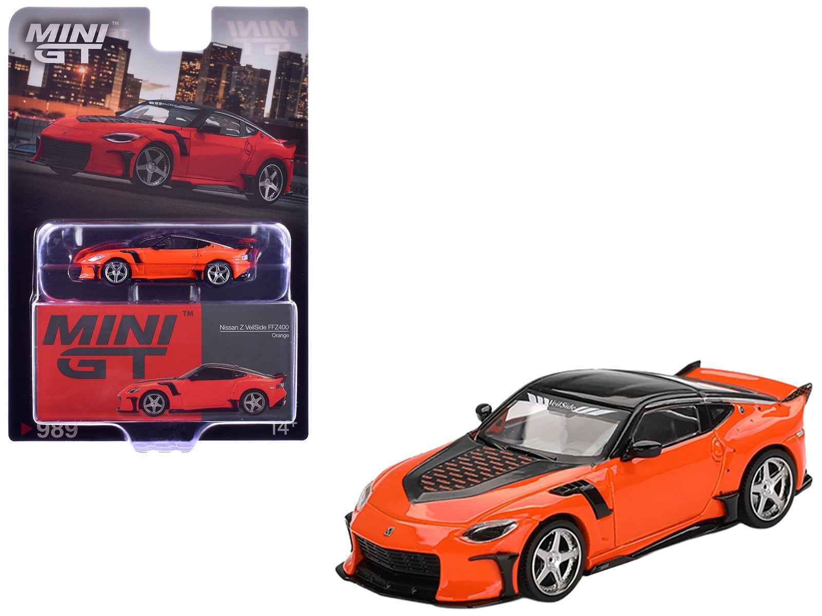 Orange diecast model car with black hood, front 3/4 view, alloy-style wheels