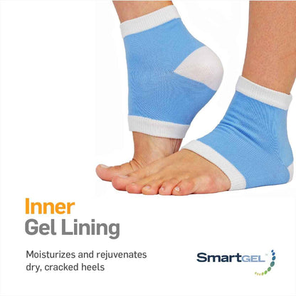 Non-vented moisturizing heel sleeves on feet, blue knit with white cuffs and gel patches