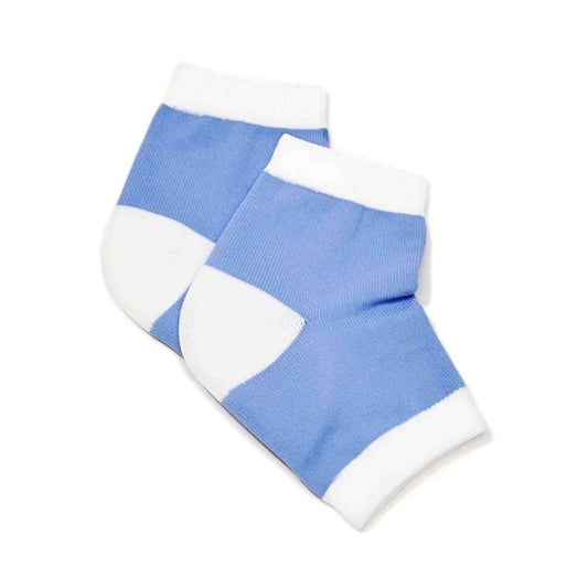 Non-vented moisturizing heel sleeves, light blue with white bands and gel-like heel inserts