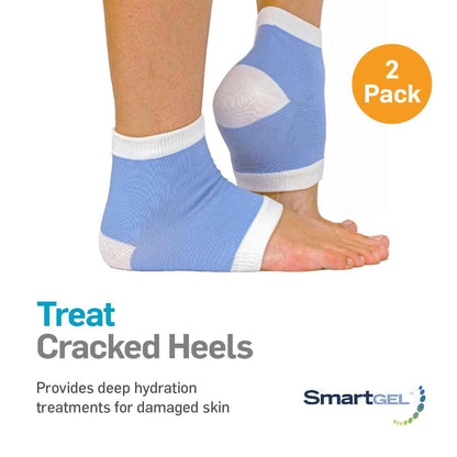 Non-vented moisturizing heel sleeves, blue knit with white cuffs and gel heel pads