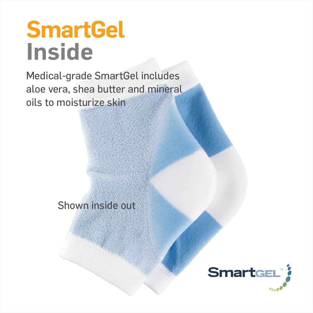 Non-vented moisturizing heel sleeves inside-out, blue with white gel lining patches