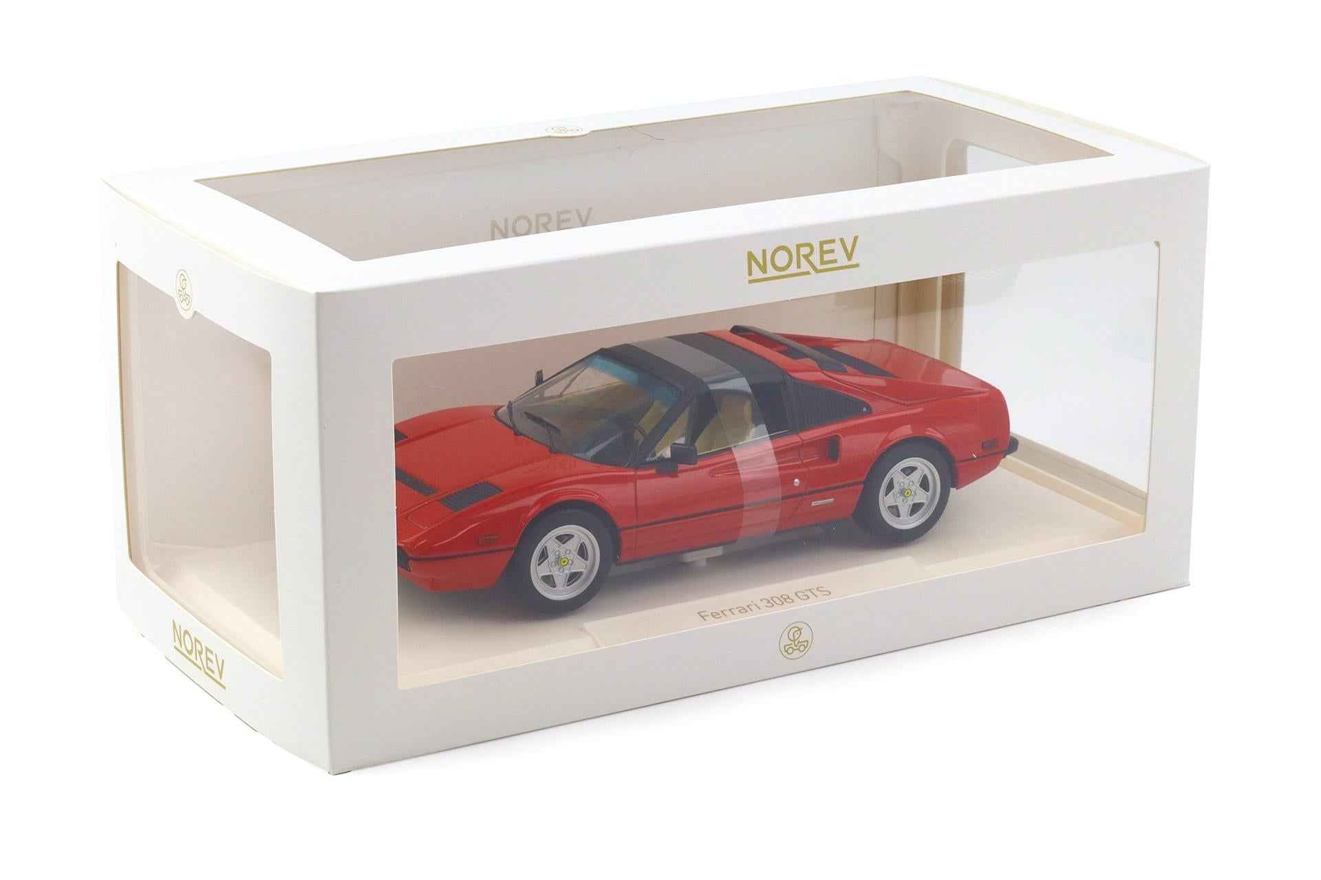 Norev boxed red 1:18 die-cast Ferrari model car with black stripes, display case view